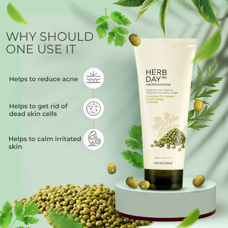 The Face Shop Herb Day 365 Master Blending Foaming Cleanser- Mungbean & Mugwort - Korean Skincare | Grocsy