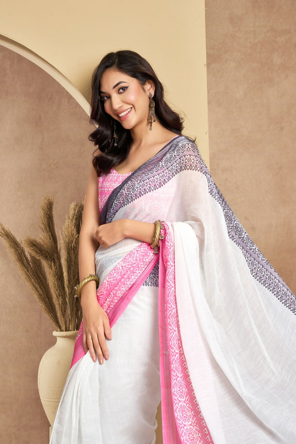 Vastranavya White Digital Printed Linen Ready To Wear Designer Saree with Unstitched Blouse | Grocsy