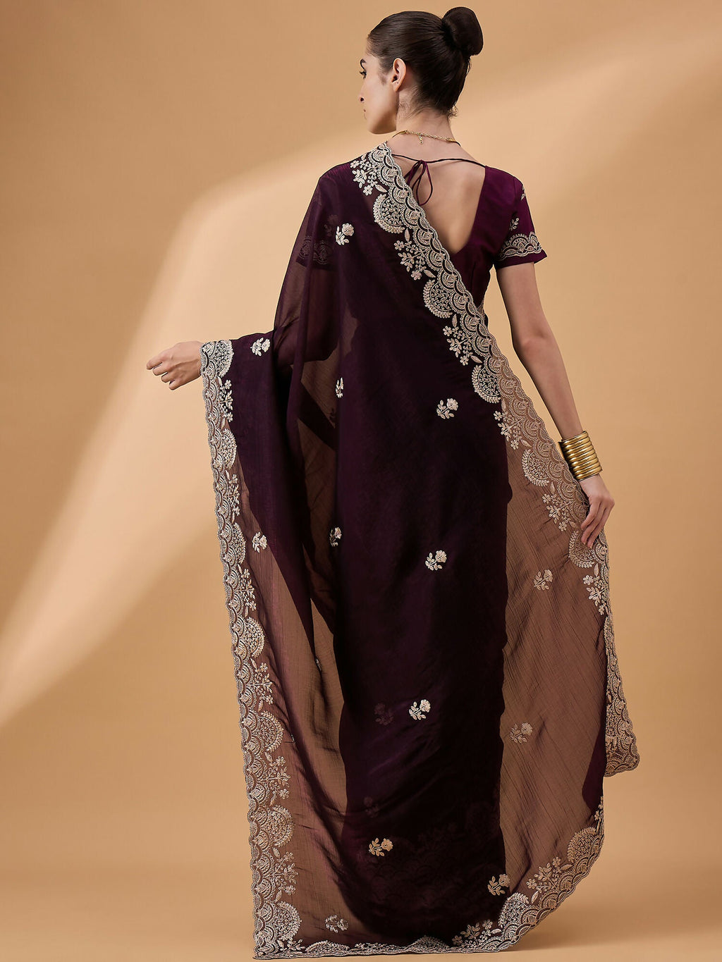 Purple Silk Embroidered Saree with Unstitched Blouse Piece - Satya | Grocsy