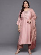 Sztori Plus Size Geometric Yoke Design Straight Kurta & Trousers With Dupatta | Grocsy