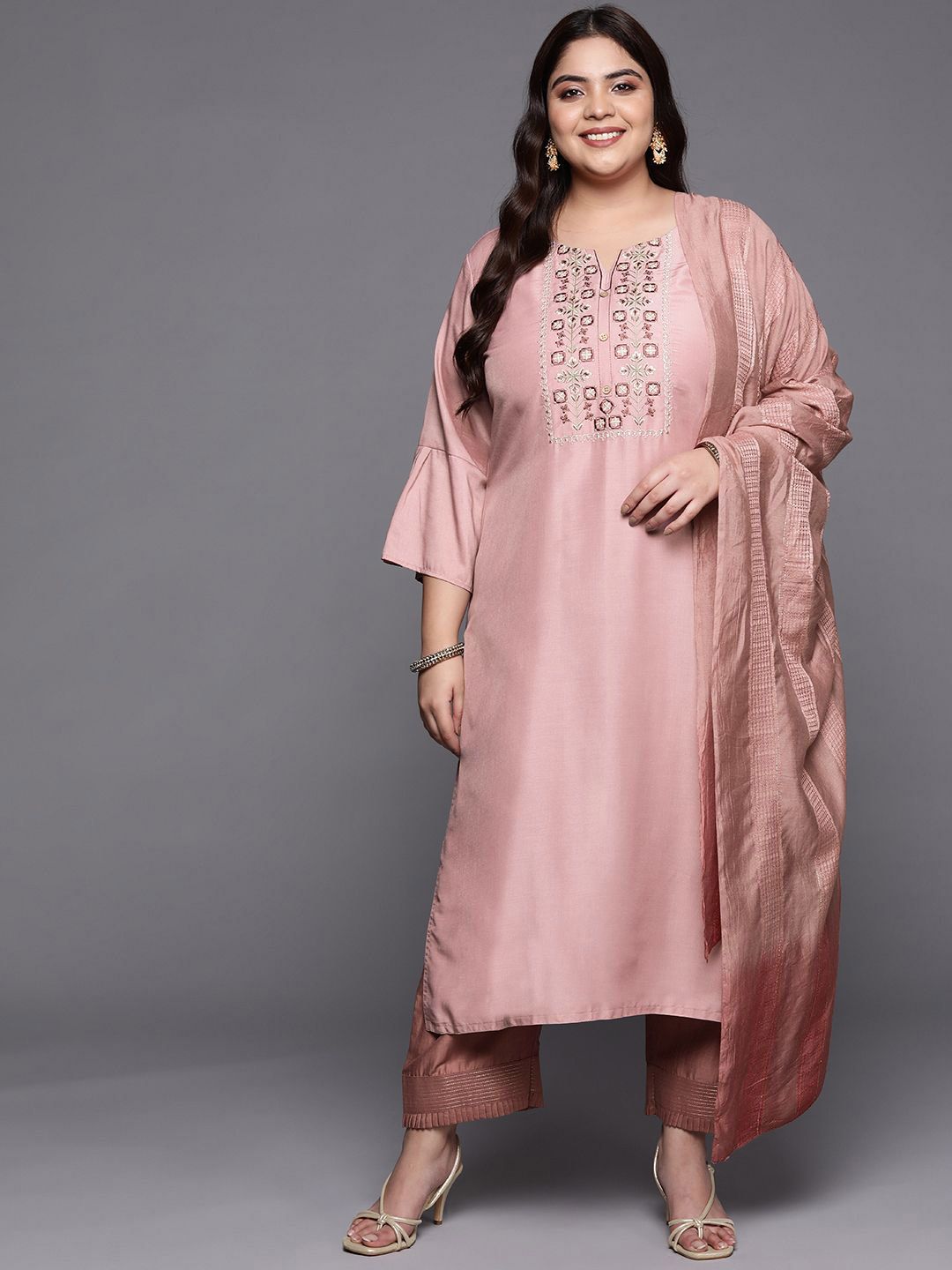 Sztori Plus Size Geometric Yoke Design Straight Kurta & Trousers With Dupatta | Grocsy