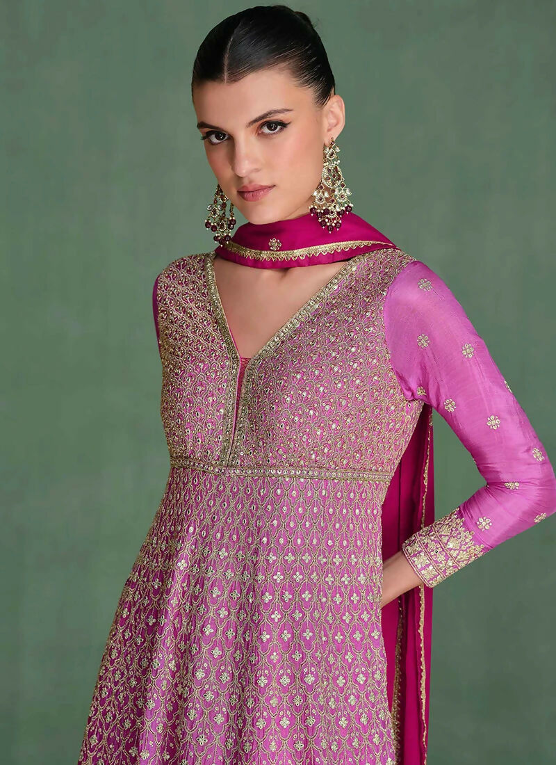 Vastranavya Pink Georgette Seroski Diamond Embroidered Sequins A Line Stunning Anarkali Suit | Grocsy