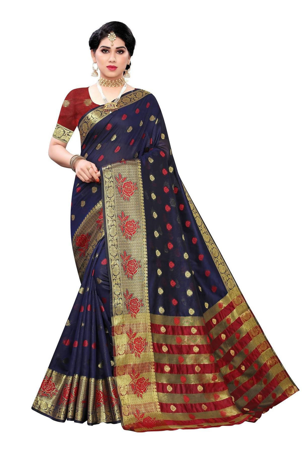 Vamika Banarasi Jaquard Navy Blue Weaving Saree | Grocsy