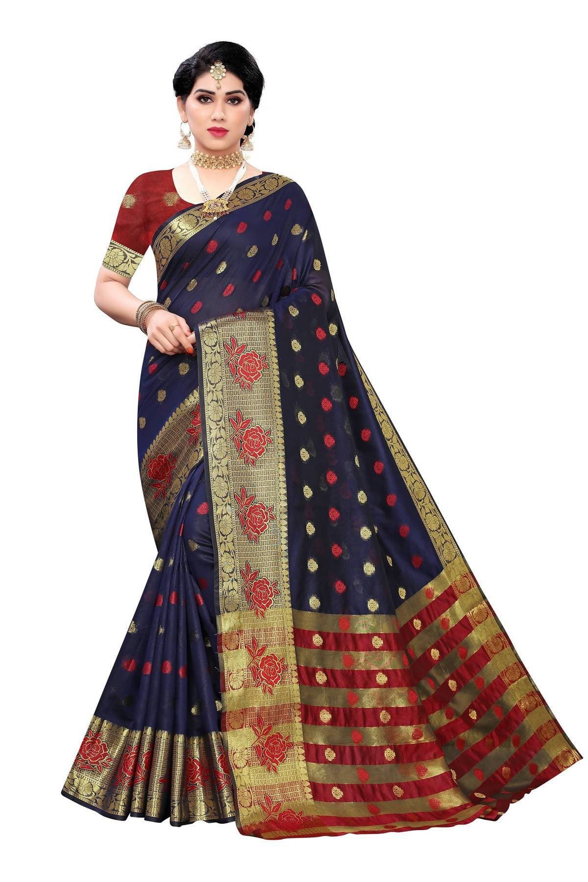 Vamika Banarasi Jaquard Navy Blue Weaving Saree | Grocsy
