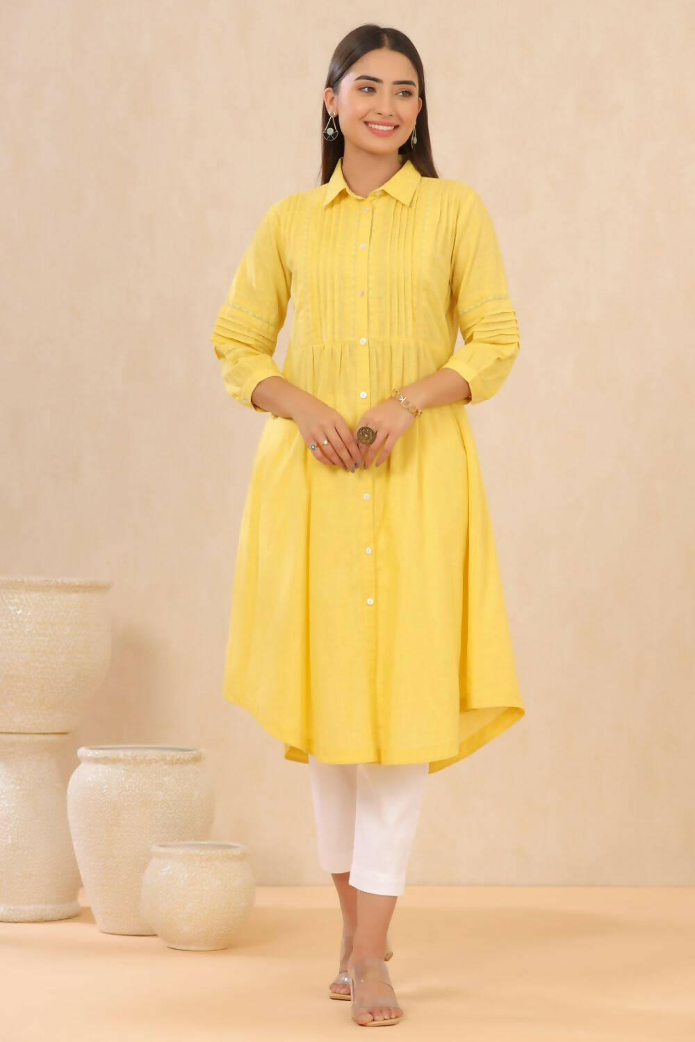 Juniper Womens Blush Yellow Cotton Slub Solid Mid Length Shirt Dress With Lace Detailing | Grocsy