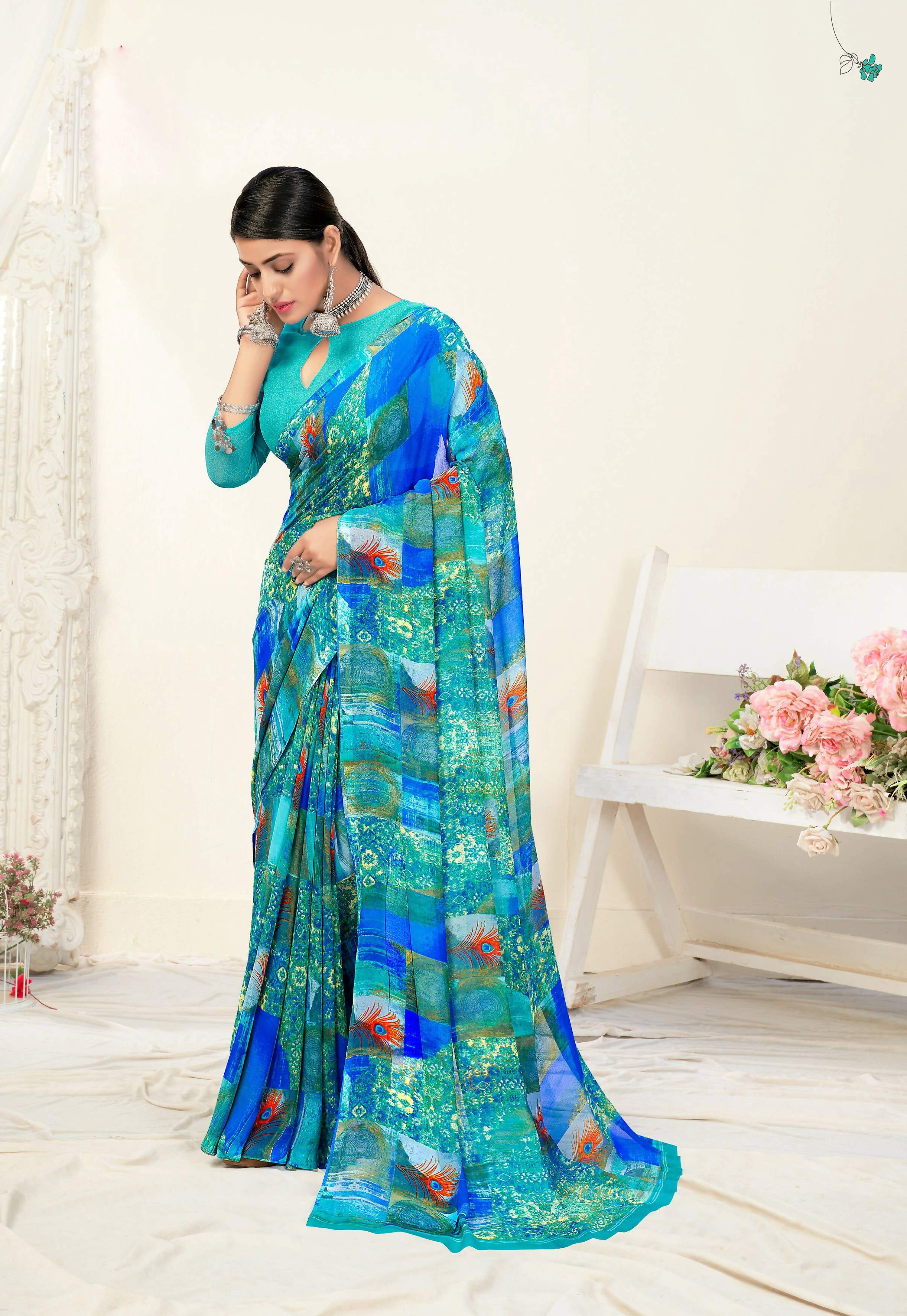 Blue Georgette Abstract Printed Saree With Unstitched Blouse Piece - Jyoti | Grocsy