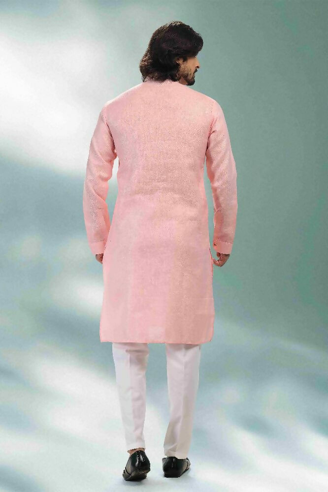 Raivat Ethnic Linen Cotton Pintux Work Kurta Pajama In Pink Colour | Grocsy