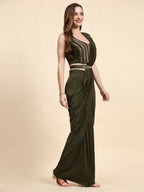 Green Polyester Solid Ready to Wear Saree with stitched Blouse - Nita | Grocsy