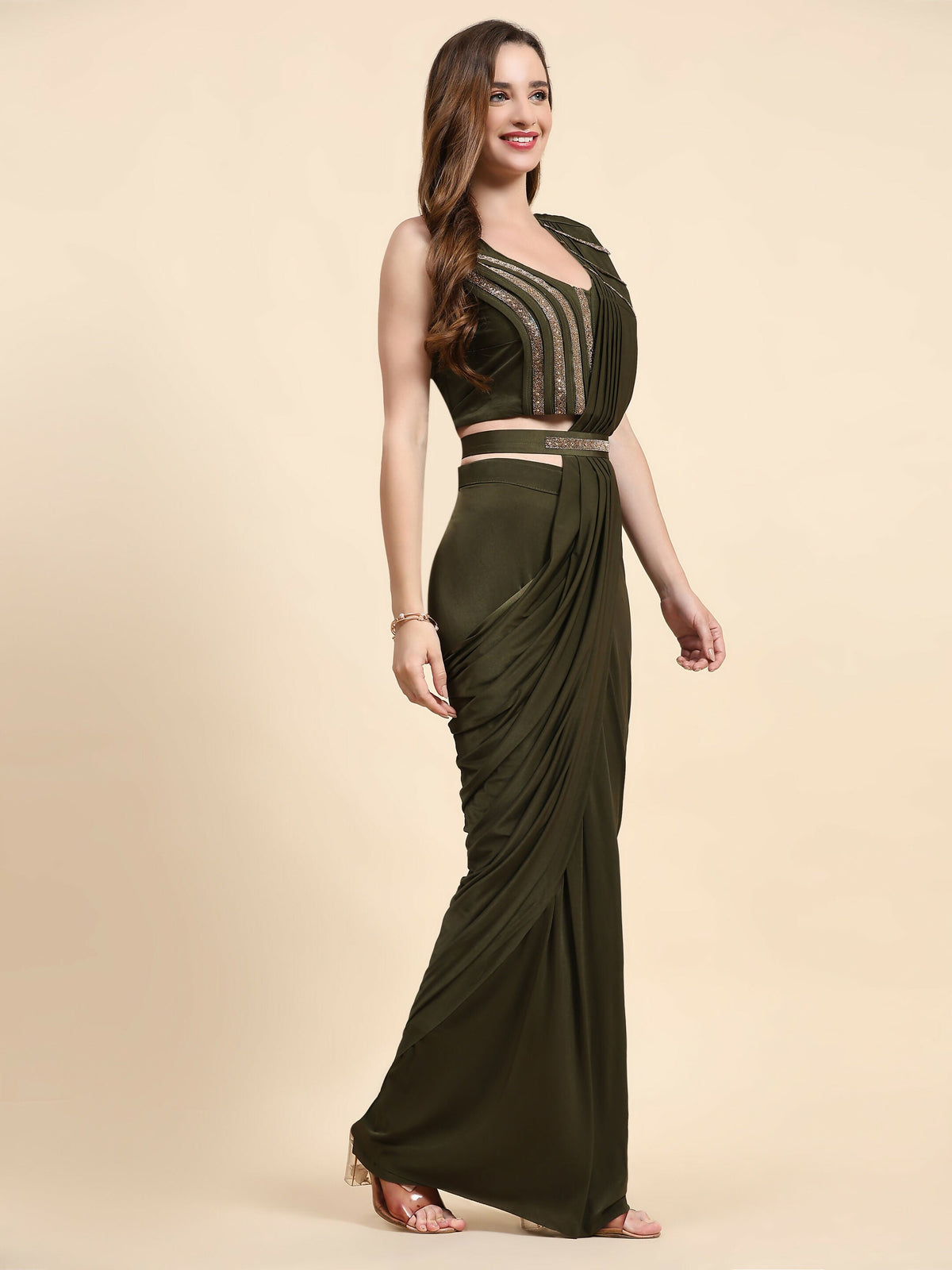 Green Polyester Solid Ready to Wear Saree with stitched Blouse - Nita | Grocsy