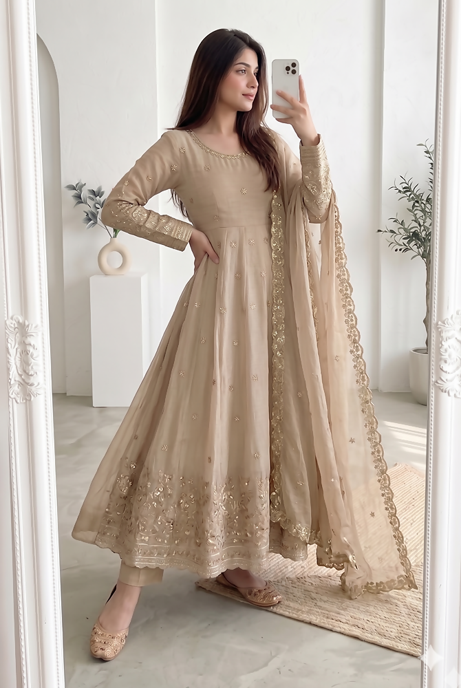 Teeya Creation New Stylish Trendy Elegant Cream Embroidered Anarkali Suit with Dupatta | Grocsy