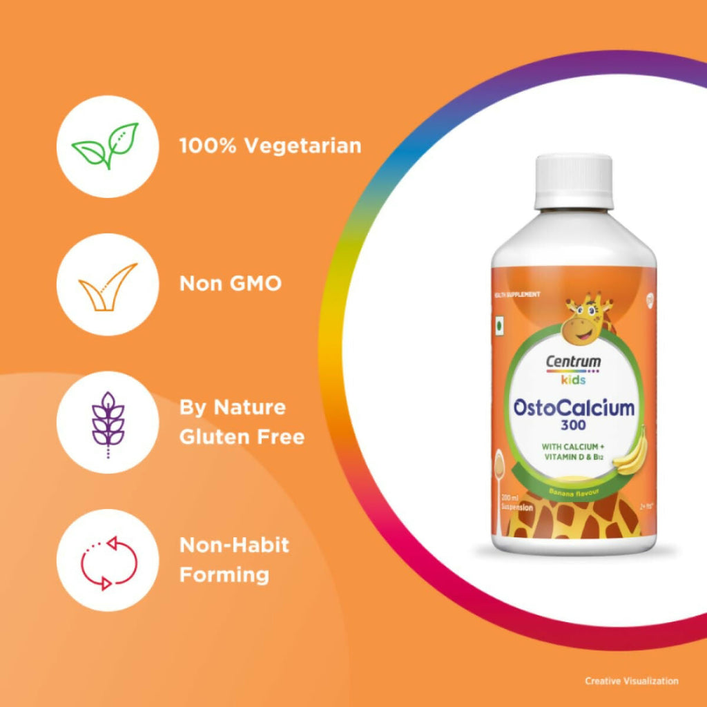 Centrum OstoCalcium 300 Suspension for Kids, Vit D & Calcium to support Growth, Strong Bones & Teeth | Grocsy