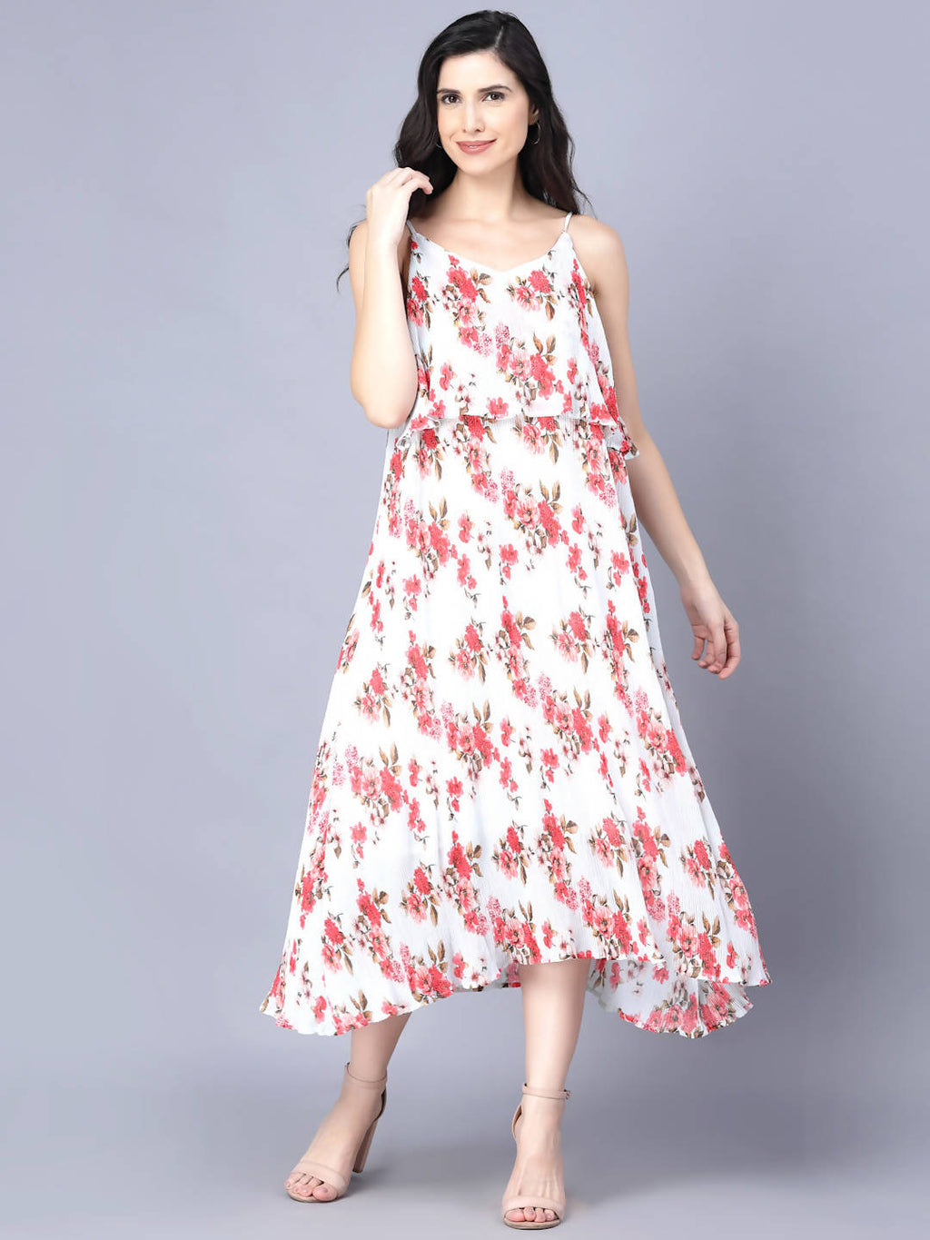 Myshka White Red Floral Layered Midi Dress | Grocsy