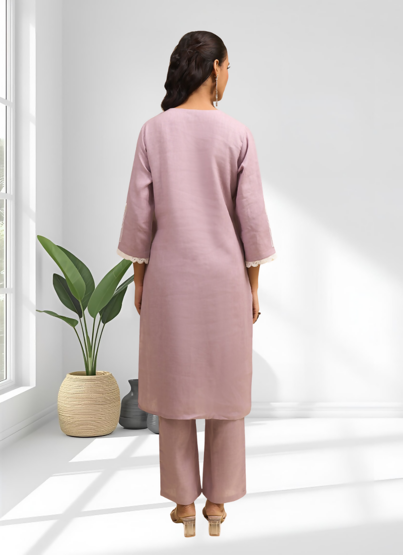 Joban Fashion Pink Linen Embroidered Readymade Long Kurta With Pant | Grocsy