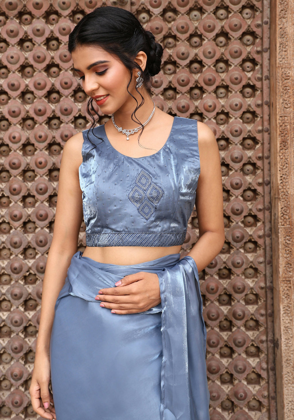 Sky Blue Tom Silk Plain Ready To Wear Saree With Stitched Blouse - Satiksha | Grocsy