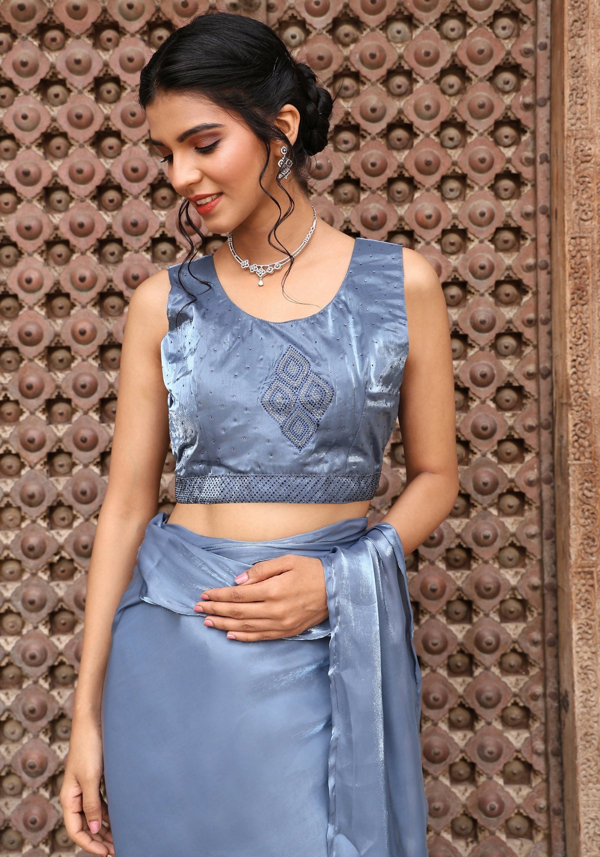 Sky Blue Tom Silk Plain Ready To Wear Saree With Stitched Blouse - Satiksha | Grocsy