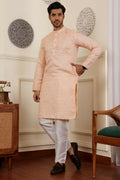 Peach Viscose Woven Jacquard Work Men's Rajwadi Kurta Set - Mahotsav | Grocsy