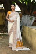 Joban Fashion Cream Crepe Chiffon Pure Handloom Banarasi Silk Saree | Grocsy