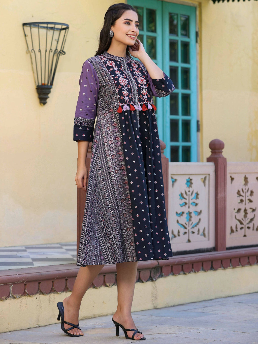 Juniper Women's Lavender Printed Embroidered Flared Dress | Grocsy