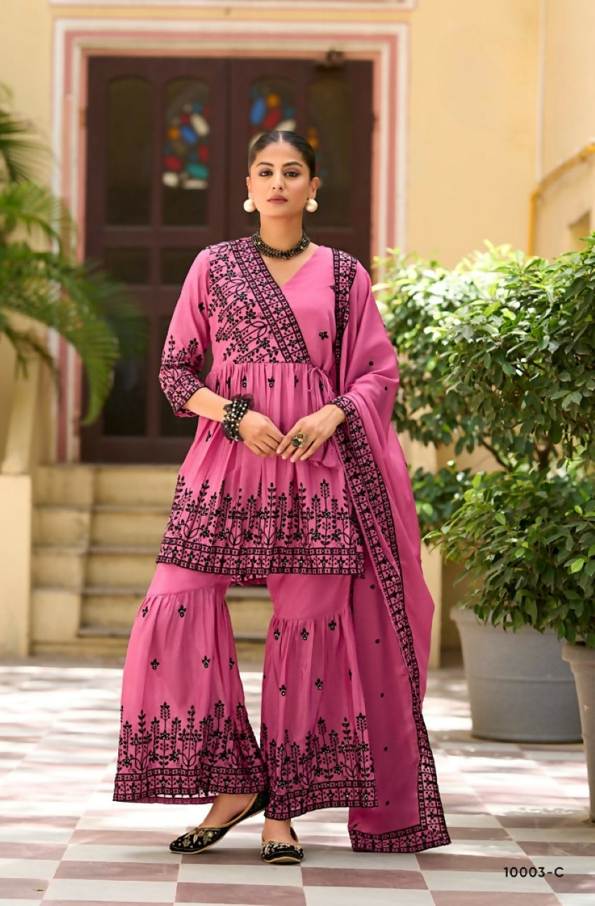 Anaita Rani Pink Chinon Readymade Sharara Suit with Embroidery Work | Grocsy