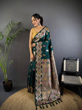 Elora Dark Green Soft Silk Floral Zari Weaving Meenakari Saree With Floral Border | Grocsy