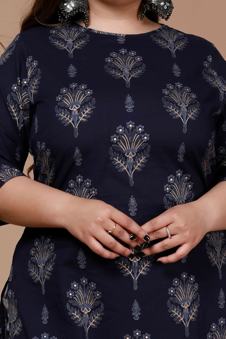 Miravan Women's Plus Size Navy Blue Printed Pure Cotton Kurta With Sharara | Grocsy