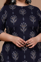 Miravan Women's Plus Size Navy Blue Printed Pure Cotton Kurta With Sharara | Grocsy