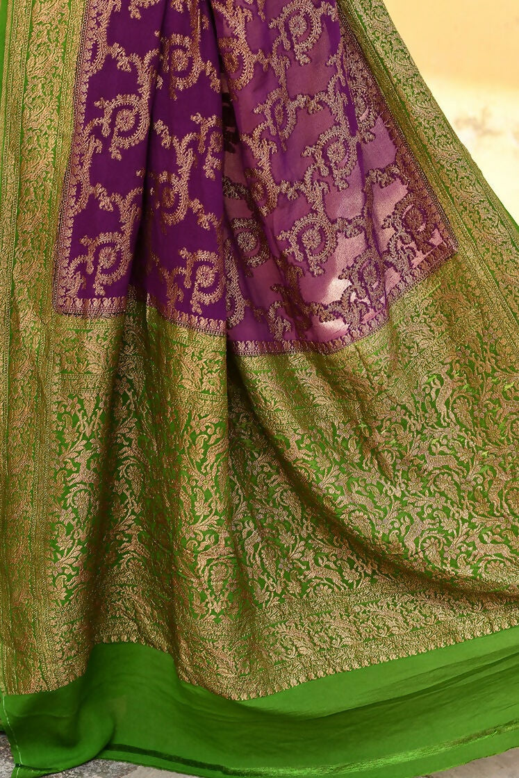 Joban Fashion Purple Crepe Chiffon Pure Handloom Banarasi Silk Saree | Grocsy