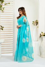 Vastranavya Sky Blue Digital Printed Linen Ready To Wear Designer Saree with Unstitched Blouse | Grocsy