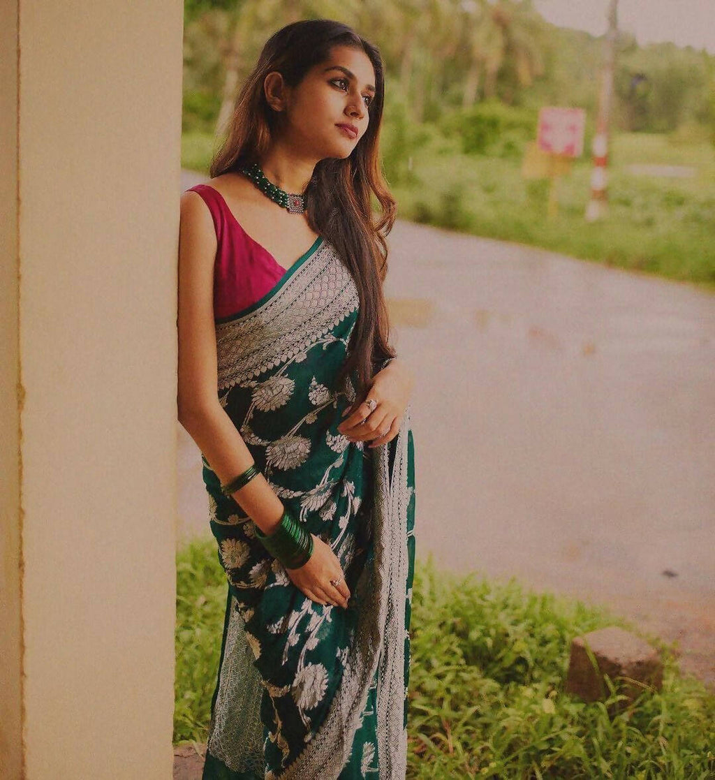 DEIANA'S Beautiful Designer Golden zari Soft Lichi Silk Saree - Green | Grocsy
