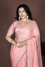 Morchari Peach Chiffon Hand Embroidery Saree Stitched Blouse | Grocsy