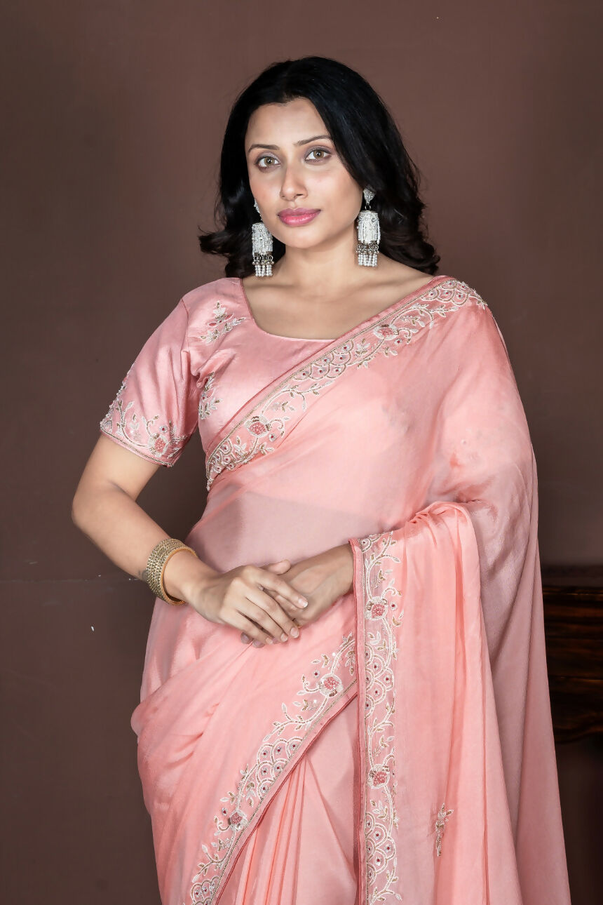 Morchari Peach Chiffon Hand Embroidery Saree Stitched Blouse | Grocsy