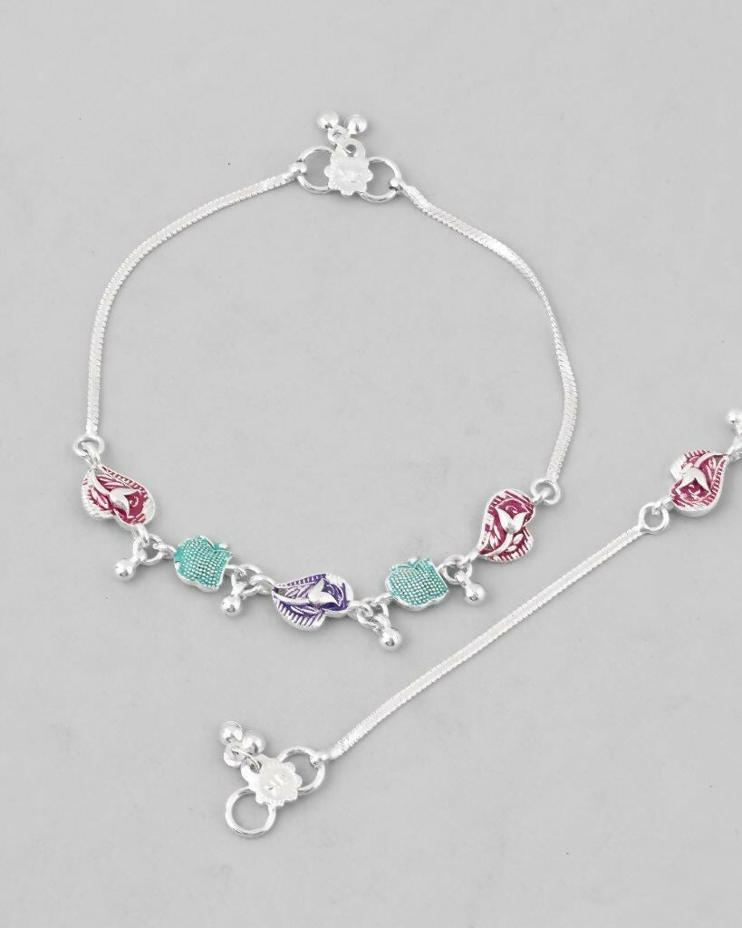VOJ Set of 2 Silver Plated Designer Multi Color Anklet | Grocsy
