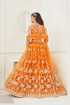 Aastha Fashion Orange Butterfly Net White Cotton Thread Work And Sequence Work Embroidery Wedding Wear Lehenga Choli | Grocsy