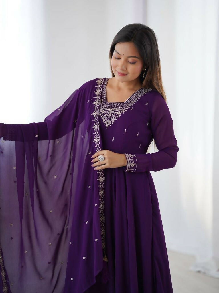 Teeya Creation Purple Color Pure Soft Georgette Embroidery Work Gown | Grocsy