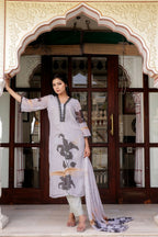 Vaasva Women Grey Tabby Slik Print & Embroidered Kurta, Pant & Dupatta Straight | Grocsy