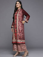 Ahalyaa Women Burgundy & Golden Floral Printed Gotta Patti Floral Velvet Kurta | Grocsy