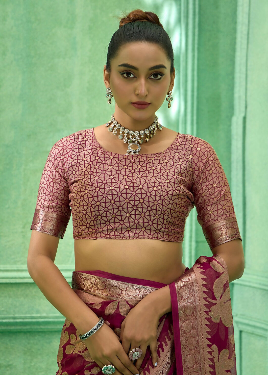 Joban Fashion Deep Magenta Dull Moss Brasso With Kasab Zari Border Saree & Tassels With Brasso Blouse | Grocsy