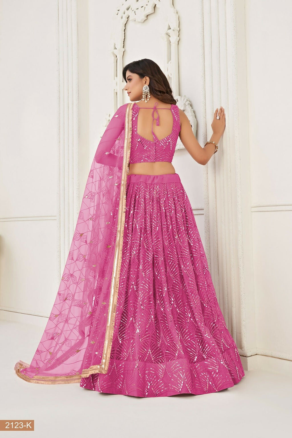 Eilara Pink Thread Sequin Embroidered Net Lehenga Set | Grocsy