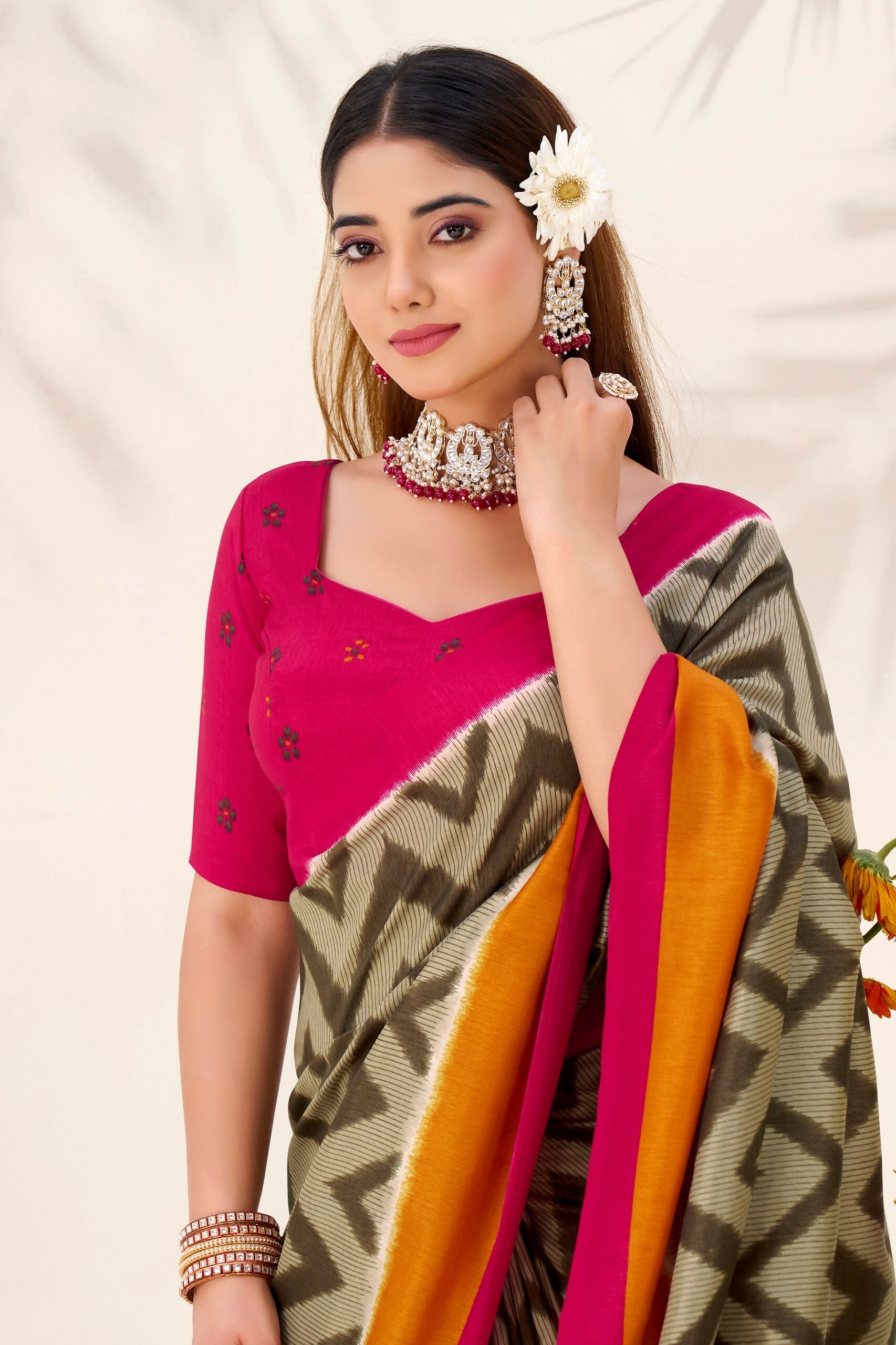 Vastranavya Mehendi Tussar Silk Zigzag Waves Printed Saree with Unstitched Blouse | Grocsy
