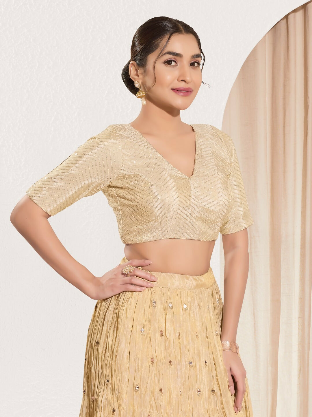 Joban Fashion Gold Sequins Padded Blouse With V Neck Elbow Sleeves | Grocsy
