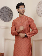 Orange Viscose Woven Jacquard Work Men's Rajwadi Kurta Set - Mahotsav | Grocsy