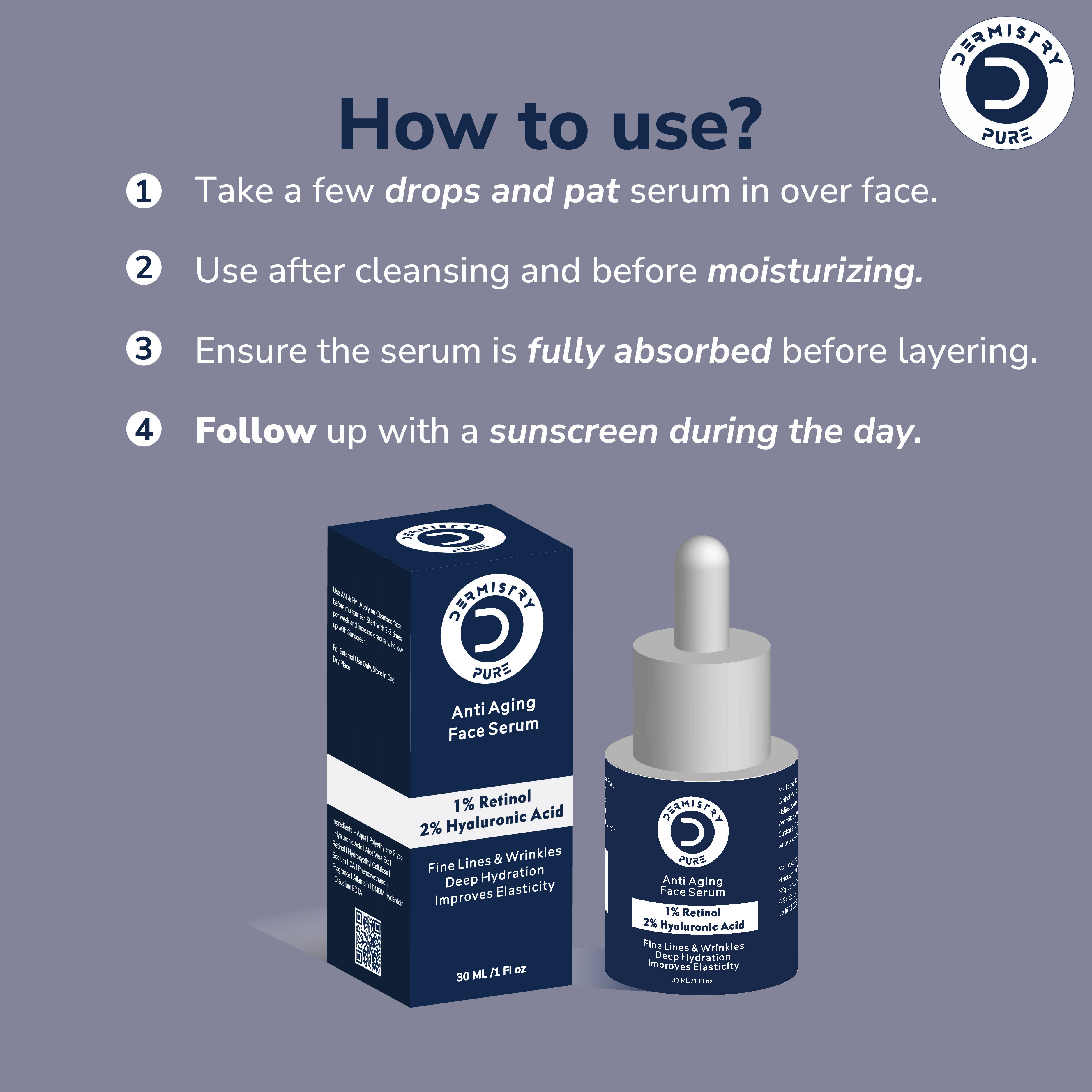 Dermistry 1% Retinol Hyaluronic Anti Aging Night Moisturizer Face Serum For Ageing Lines & Wrinkles | Grocsy