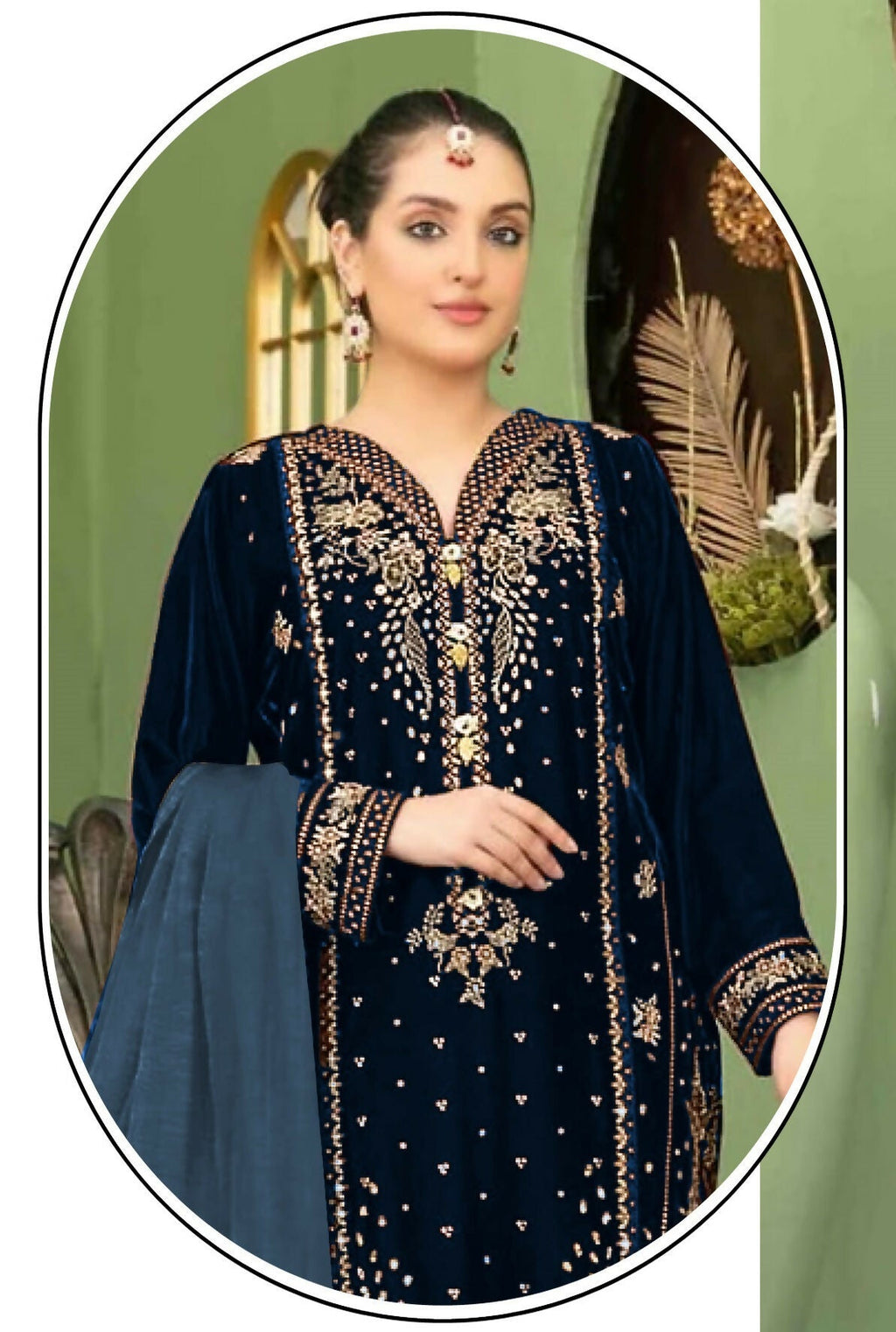 Anaita Navy Blue Velvet Suit with Embroidery Sequence Work | Grocsy