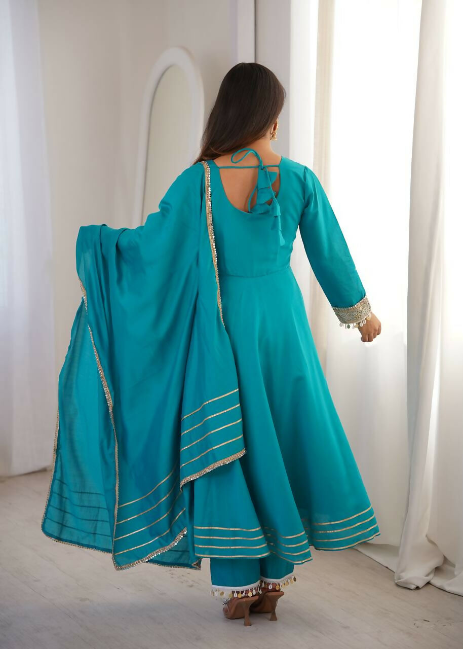 Teeya Creation New Womens Trendy Stylish Teal Blue Embroidered Silk Blend Anarkali Kurta With Pants & Dupatta Set | Grocsy