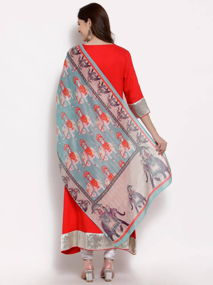 Myshka Women's Red Cotton 3/4 Sleeve V Neck Solid Casual Anarkali Kurta Dupatta Set | Grocsy