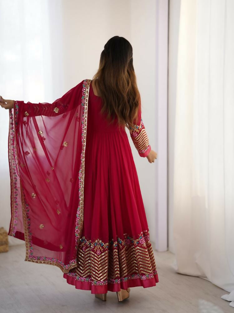 Joban Fashion Red Georgette Sequence Embroidery Work Readymade Kurta Set | Grocsy