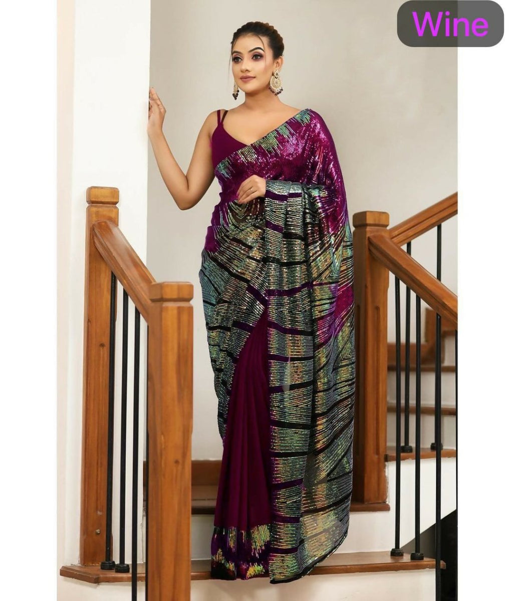 Arfa Fashion House Wine Georgette Sequince Saree | Grocsy
