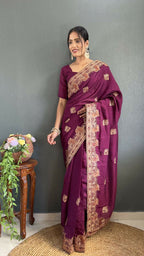 Vastranavya Purple Vichitra Silk Zari with Swarovski Work Ready to Wear Saree | Grocsy