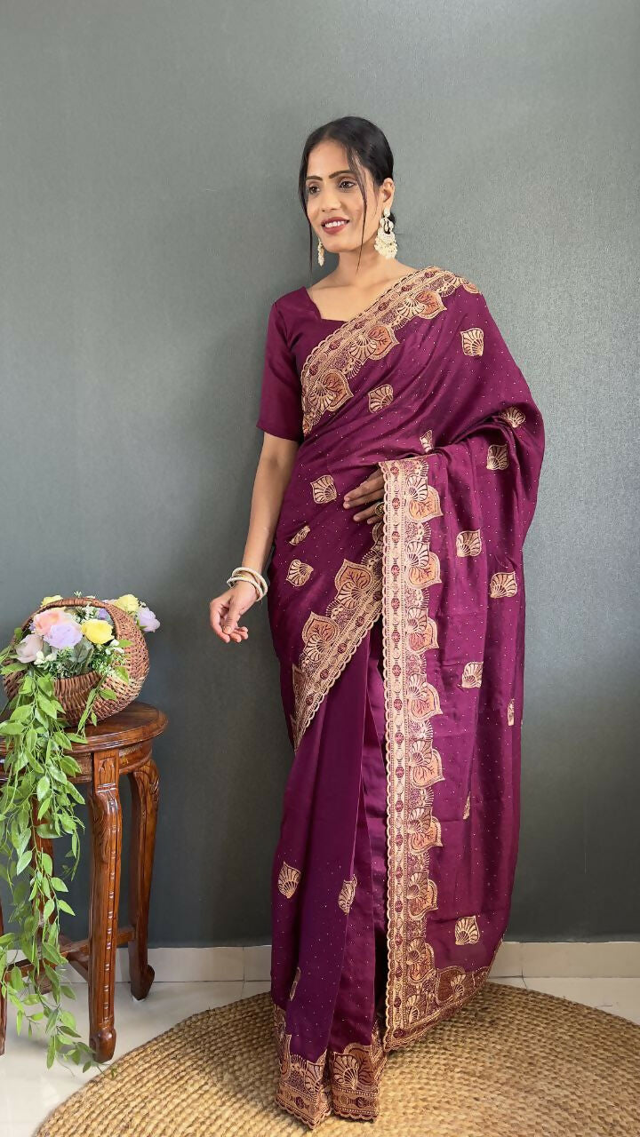 Vastranavya Purple Vichitra Silk Zari with Swarovski Work Ready to Wear Saree | Grocsy