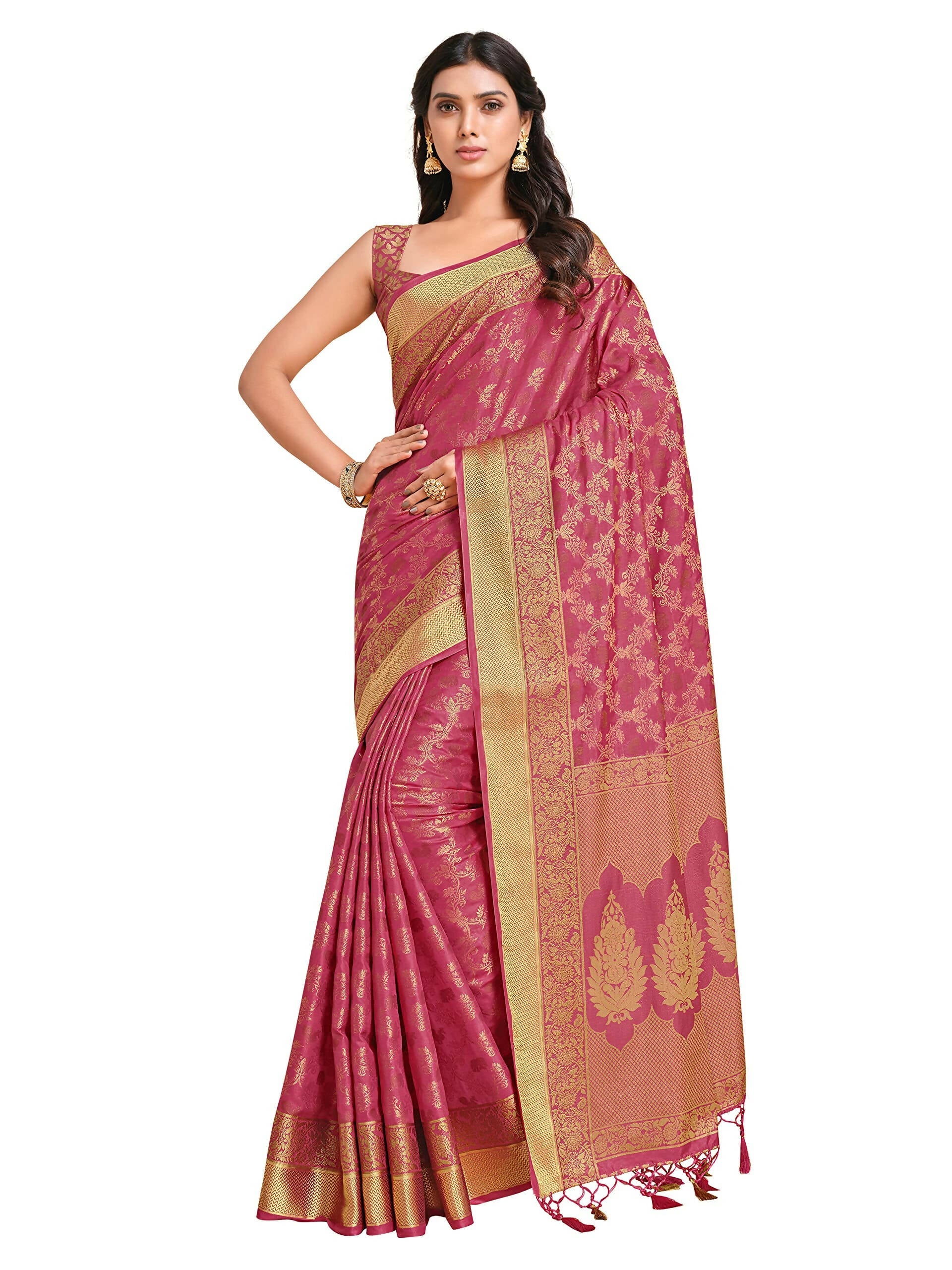Mimosa Women's Kanchipuram Art Silk Pink Saree | Grocsy